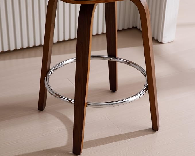 26’’ Modern Barrel Swivel Counter Stools Counter Height Swivel Bar Stools with Backs Set of 6 Black Faux Leather Upholstered Bar Height Island Chairs, Farmhouse Walnut Wood Barstool for Kitchen Island