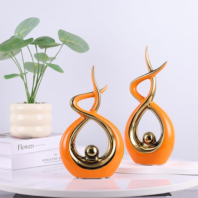 Home Decoration Modern Abstract Art Ceramic Statue Dining Table Decoration Dining Room Office core, Living Room Decoration, Coffee Table Center (Orange Gold, S)