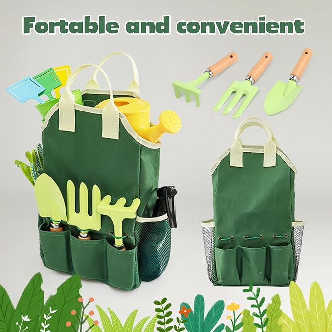 Kids Gardening Tools Set, Garden Toys w/Wooden Handle Alloy Rake,Fork,Trowel, Watering Can,Gloves,Tote Bag,Plant pots, DIY Bookmark Kits, Spring Summer Toy Outdoor Gift for Toddler Boy Girl