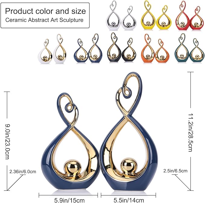 Blue Decor Accent, Porcelain Art Mid Century Modern Blue and Gold Decorations, Dining Table Objects, Abstract Ceramic Statue Sculpture - for Bookshelf Tv Stand Centerpiece Centro De Mesa