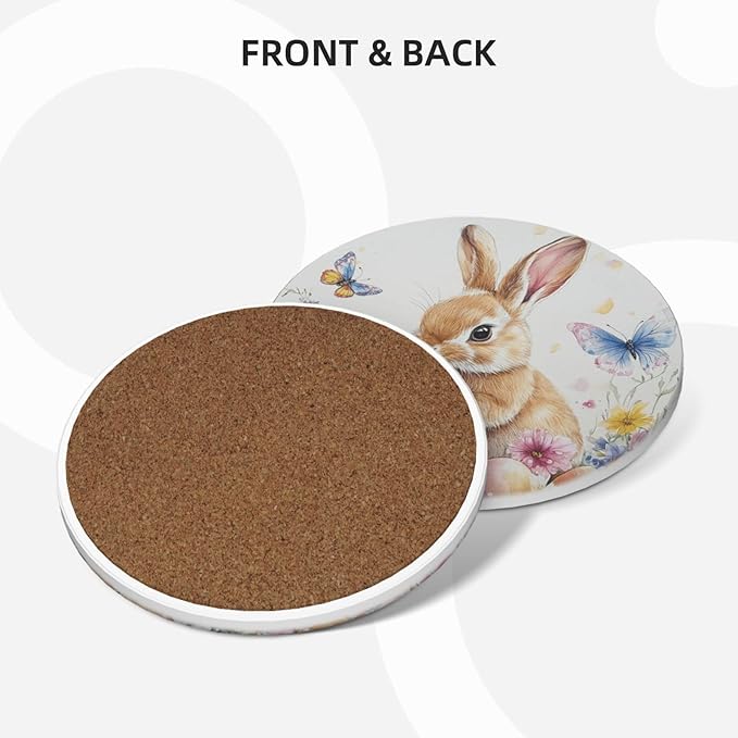 Easter Bunny Colorflu Eggs Coasters for Drinks Rabbit Wildflowers Butterfly Absorbent Ceramic Coaster Set of 4 for Coffee Table Cup Bar Desk Round Coasters Mat with Cork Base Seasonal Home Decors