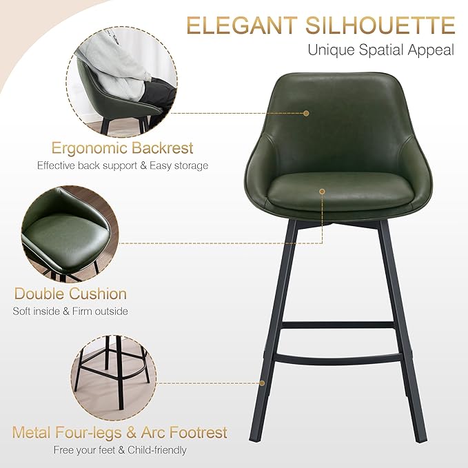 Zesthouse Swivel Counter Height Stools Set of 2, Modern Upholstered Barstools with Backs, 26'' Faux Leather High Chairs for Island Kitchen, Counter Height Chairs with Metal Legs, Green