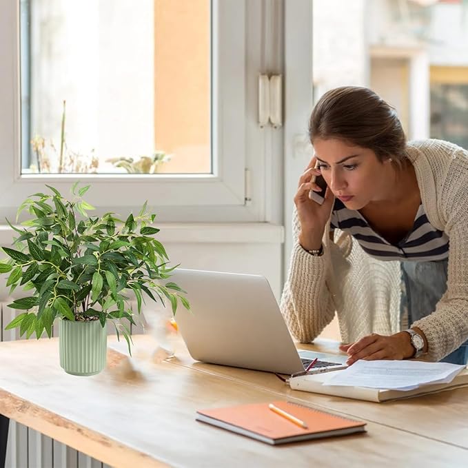 Small Fake Plants 16 Inch Eucalyptus Stems Artificial Plant in Offwhite Leather Woven Planter with Polished River Rocks Evergreen Faux Plant indoor for Home Bathroom Kitchen Decor (WILLOW-GREY)