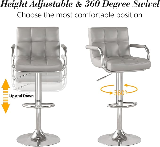 Modern PU Leather Bar Stools Set of 6, Adjustable Swivel Square Bar Chairs, Counter Height Barstools with Arms and Large Base for Island/Kitchen(Gray)