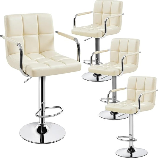 Yaheetech Bart Stools Set of 4, PU Leather Adjustable Barstools with Armrest, Counter Height Stool Chairs with Thickened Seat Cushion for Kitchen Island, Beige