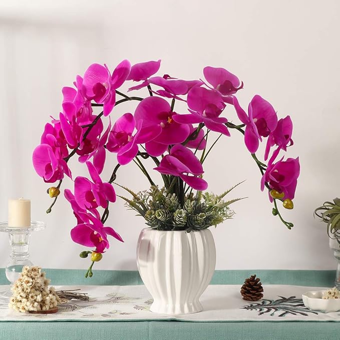 LESING Artificial Potted Orchid Flower for Table Centerpieces,Real Touch Fake Orchid Flowers in Vase for Home Decoration(Style 4,White Vase)