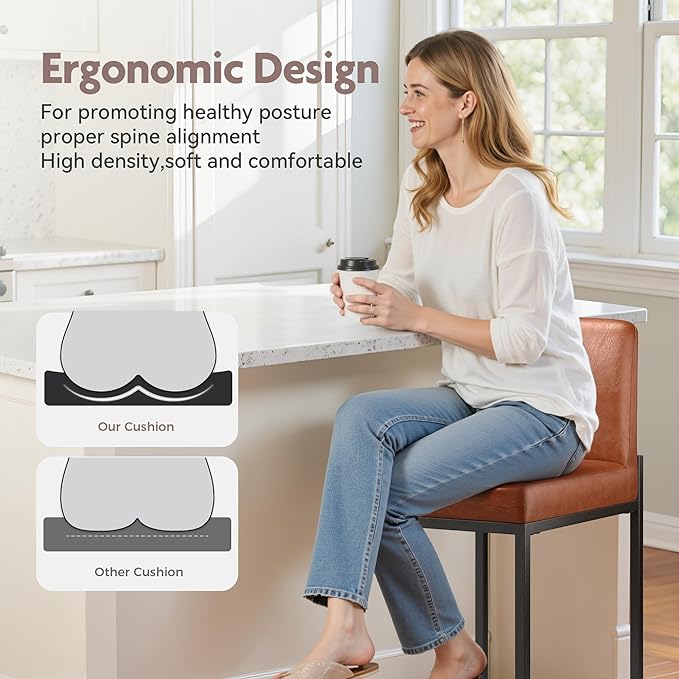 ALPHA HOME 24 Inch Bar Stools Set of 6, Kitchen Counter Stools with Backs, PU Leather Barstools, Kitchen Stools with Back&Upholstered Footrest, Sturdy Chromed Metal Steel Frame, Brown