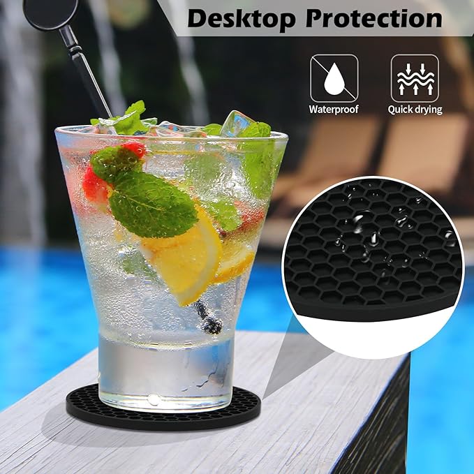 Silicone Coaster Set of 16 with Holder - Anti-Slip, Non-Stick, Anti-Overflow Tabletop Protection and Decor (Black, 16 Pcs)