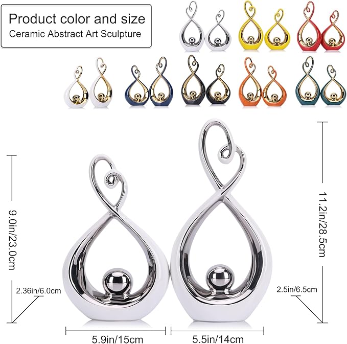 Silver Decor Accent, Porcelain Art Mid Century Modern Silver and Gold Decorations, Dining Table Objects, Abstract Ceramic Statue Sculpture - for Bookshelf Tv Stand Centerpiece Centro De Mesa