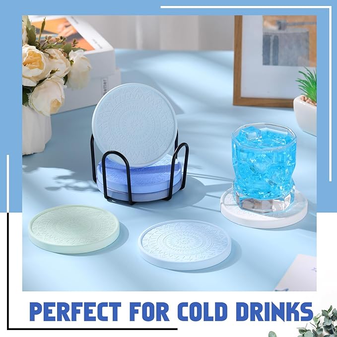 Photect Diatomaceous Earth Coasters Set with Holder Absorbent Stone Drink Coasters Instant Drying Tray for Tabletop Protection Home Decoration Housewarming Gift(Blue,6 Pcs)