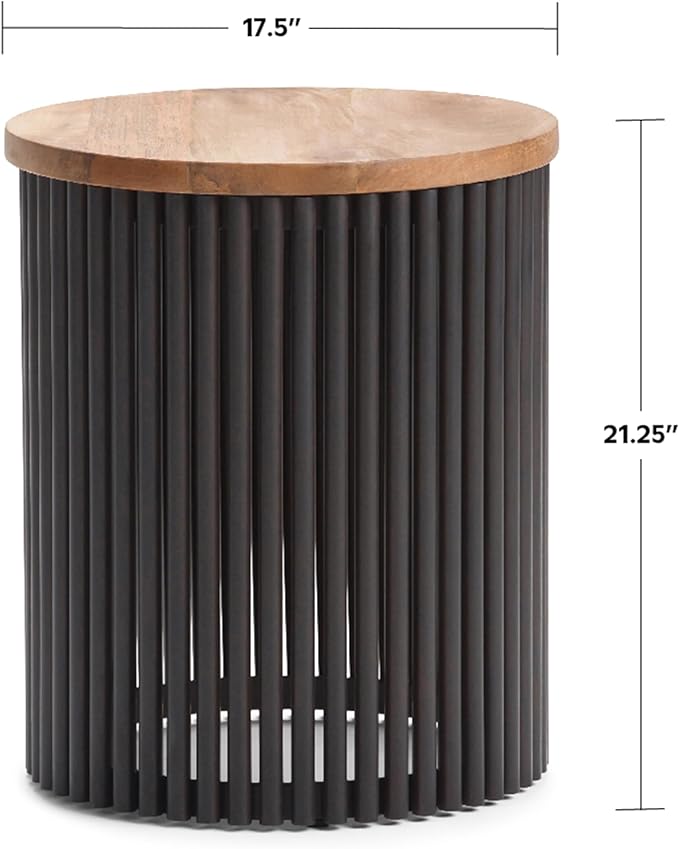 SIMPLIHOME Demy 18-inch Wide Metal and Solid Mango Accent Table in Natural/Black, Round Side Table with Mango Wood Top for Living Room or Bedroom, Industrial Style, Assembled