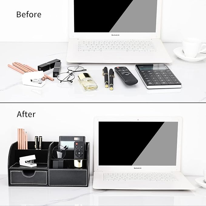 KINGFOM Pu Leather Desk Organizer Pen Pencil Holder Office Supplies Caddy Storage Box 6 Compartments with Drawer Black
