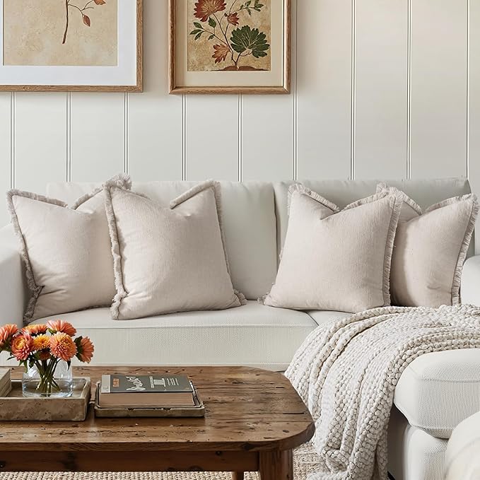 MIULEE Decorative Couch Pillow Covers Neutral Beige Linen Fringe Throw Pillows Set of 4 Boho Farmhouse Cushion Covers Soft Accent Pillowcases for Bed Couch Sofa Living Room Home Decor 18x18 Inch