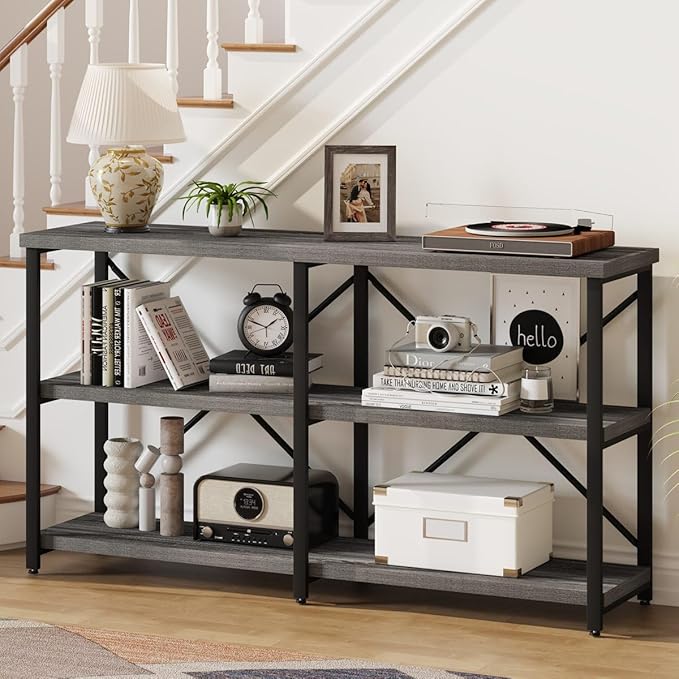 BON AUGURE 55 Inch Console Tables for Entryway, Industrial Sofa Tables for Living Room, 3 Tier Behind Couch Table, Foyer Table for Entry Way (Dark Grey Oak)