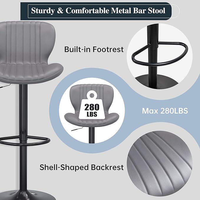 Bar Stools Set of 4, Modern Swivel Bar Stools with Shell Shaped Backrest, Adjustable Counter Height Bar Chairs for Kitchen, Island, Bar, Dining Room, Grey