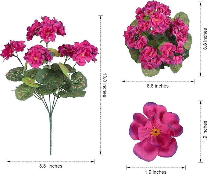 Artificial Geranium Fake Flowers for Outdoors Decoration, 6 Bundles Silk Geraniums Flower UV Resistant Look Real Faux Plants for Outside Planter Front Door Garden Patio Balcony Yard Home, Fuchsia