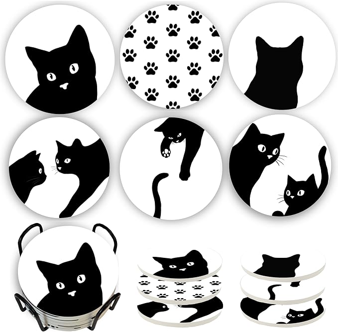 Black Cat Coasters Set of 6 with Holder - Ceramic Drink Coasters & Wall Art, Cute Home Decor for Cat Lovers, Kitchen, Living Room, Coffee Bar - Housewarming Gifts