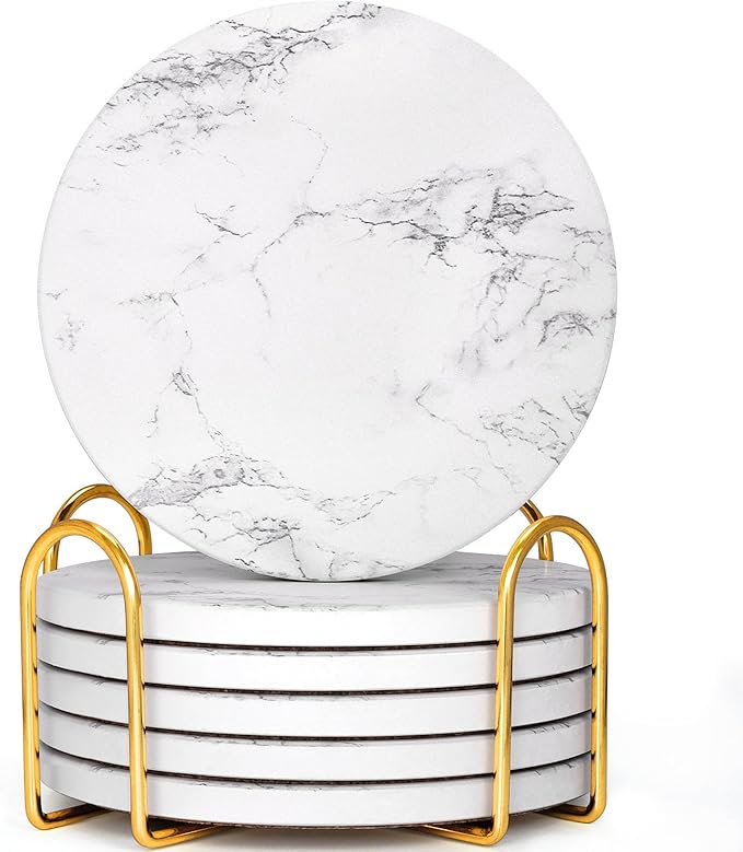 GOH DODD Coasters for Drinks Set of 6, Absorbent Marble Style Ceramic Coaster Tabletop Protection Home Decor with Metal Holder for Coffee Table, Housewarming Gifts Wedding Party, White, Round, 4 Inch