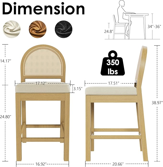 STHOUYN Upholstered Rattan Bar Stools Set of 2, Wooden Counter Height Stools with Natural Rattan Woven Back and Chenille Seat, Mid-Century Modern Island Chairs Barstools for Kitchen (2, Cream White)