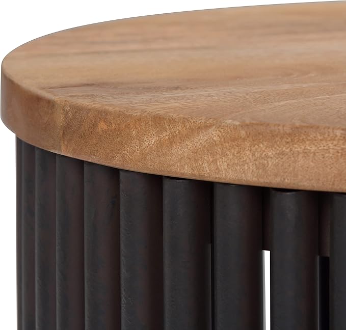 SIMPLIHOME Demy 18-inch Wide Metal and Solid Mango Accent Table in Natural/Black, Round Side Table with Mango Wood Top for Living Room or Bedroom, Industrial Style, Assembled