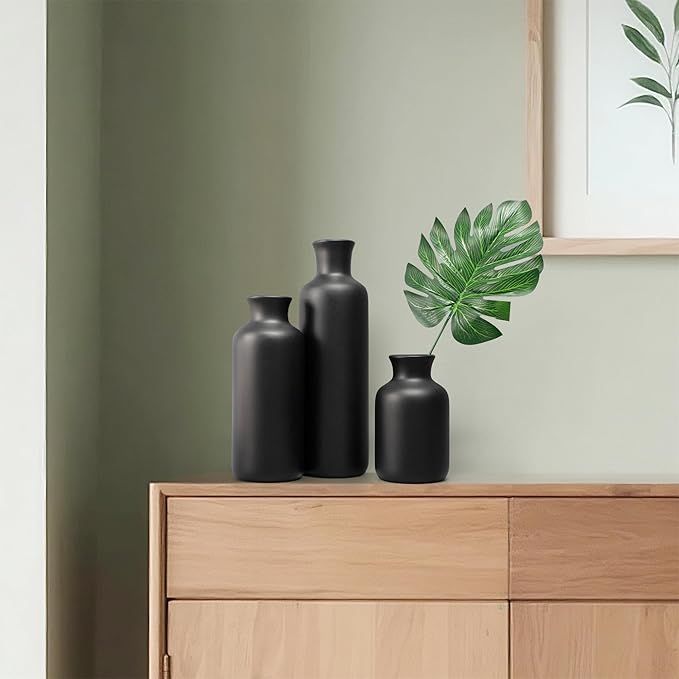 Resin 3 Piece Vase Set, Farmhouse Decor, Home Decorative Vase, Vases for Your Kitchen, Bedroom, Office, Living Room, Bathroom, & Shelf Centerpiece Table Decorations, Black