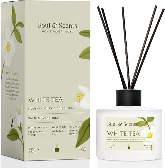 Soul & Scents Reed Diffuser Set – White Tea | 7.43 oz Refillable Scented Oil with 6 Fiber Sticks | Long-Lasting Home Fragrance & Air Freshener for Bedroom, Bathroom, Office | Gift & Décor Piece