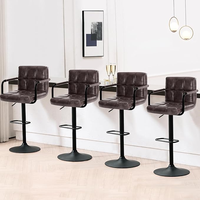 Furniliving Swivel Bar Stools Set of 4, Adjustable Kitchen Counter Height BarStools with Arms, PU Leather Upholstered Bar Chair with Back and Footrest for Dining Room, Kitchen, Pub, Bar (Blackbrown)