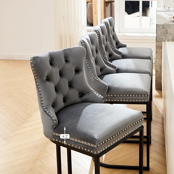 UVV Counter Height Bar Stools Set of 6, 26" Modern Barstools with Back, Velvet Upholstery Counter Chairs with Metal Legs for Kitchen Island, Bar, Counter, Gray