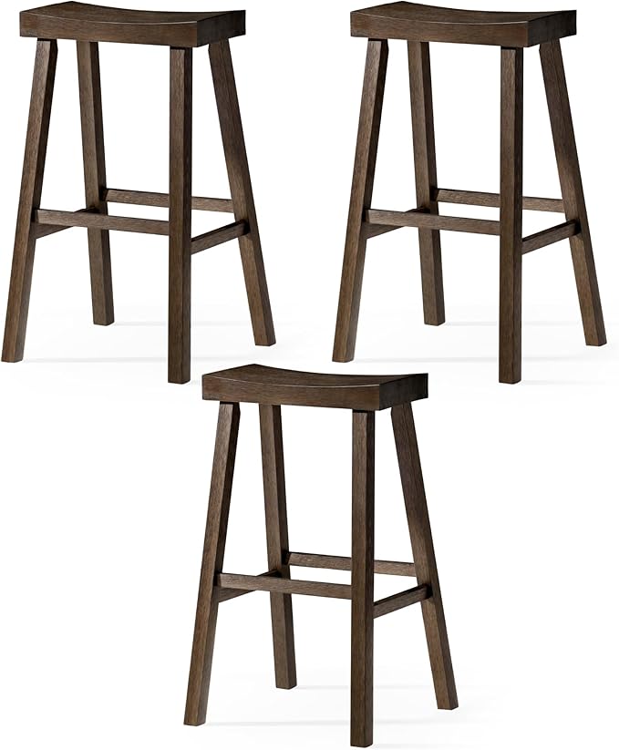 Maven Lane Kitchen Bar Stool, Modern Farmhouse Wood Barstool, Kitchen Island Chairs, Pub Bar Height Stools For Kitchen, Wide Comfortable Seat Backless Bar Stools, Vincent 31", Antiqued Brown, Set of 3