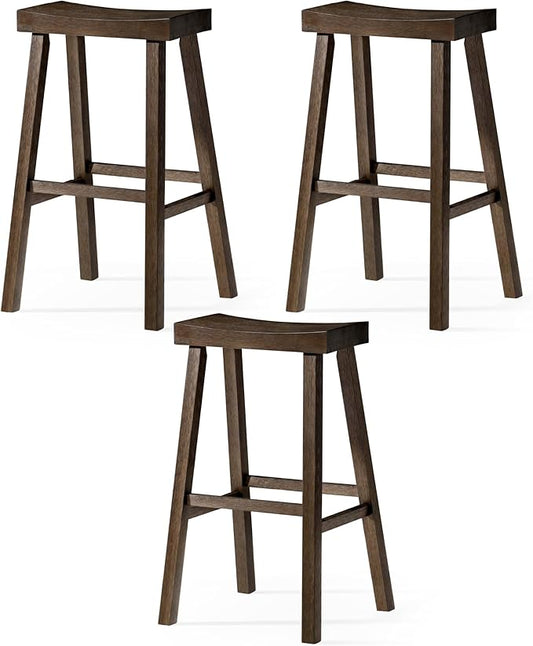 Maven Lane Kitchen Bar Stool, Modern Farmhouse Wood Barstool, Kitchen Island Chairs, Pub Bar Height Stools For Kitchen, Wide Comfortable Seat Backless Bar Stools, Vincent 31", Antiqued Brown, Set of 3
