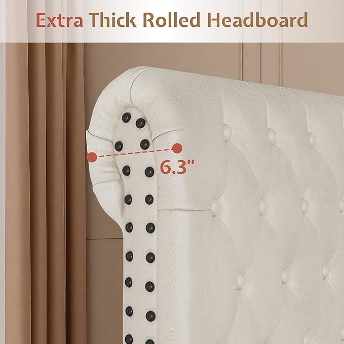 Jocisland Queen Bed Frame with Headboard, Velvet Sleigh Bed with Button Tufted 52.8" Tall Upholstered Headboard, No Box Spring Needed, Easy Assembly, Cream