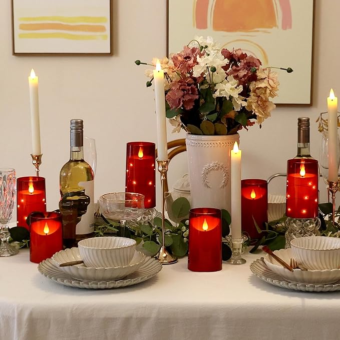 NURADA Flameless Candles with Remote Timer: 3D Wick Battery Operated Led Pillar Fake Candle Set for Wedding Birthday Christmas Decorations - Red 2 Pack