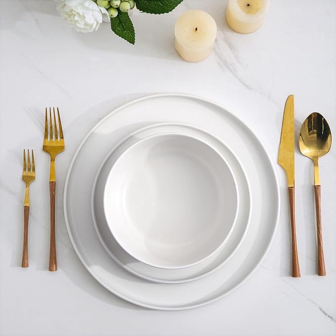 AmorArc Ceramic Dinner Salad Plates Set of 4, 8.5 Inch Reactive Matte Glaze Dish Set, Dessert, Salad, Appetizer, Small Dinner Plate, Microwave, Dishwasher Safe,Scratch Resistant,Matte White