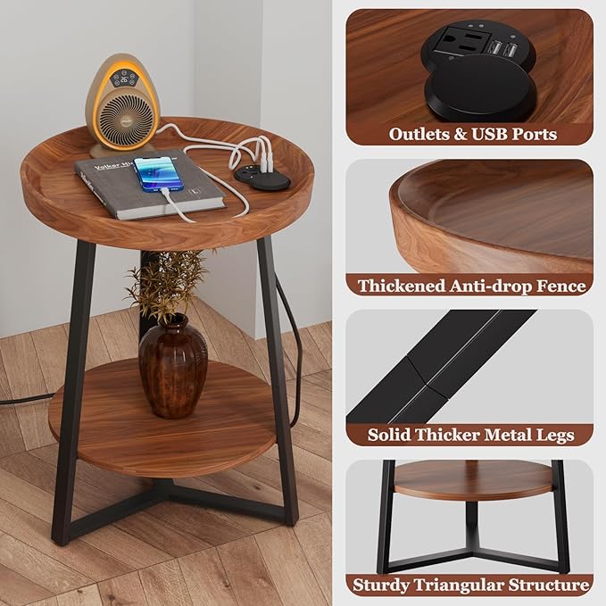 Gadroad Round End Table with Charging Station, USB Ports, Wood Tabletop & Black Metal Frame, 2-Tier Side Table for Living Room, Bedroom, Brown 15.7 * 15.7 * 23.0inches