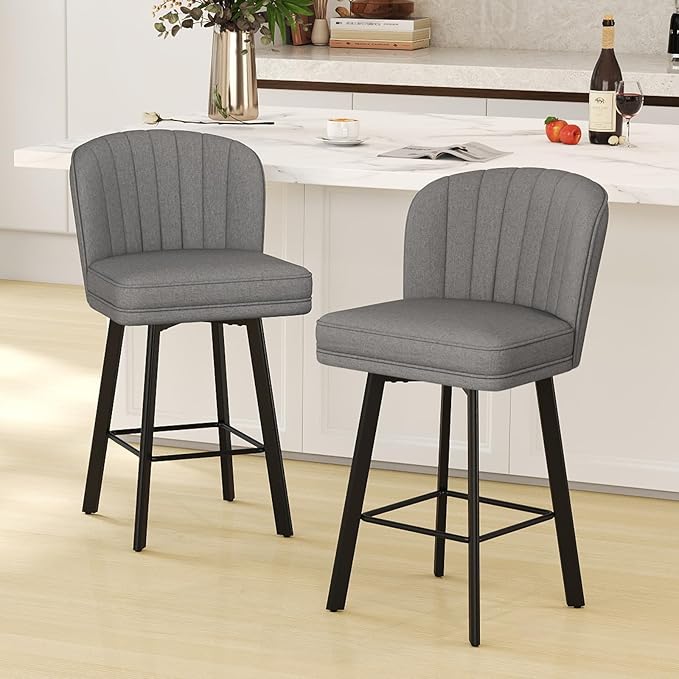 Swivel Counter Height Bar Stools Set of 2, 26'' Modern Barstools with Backs and Metal Legs, Upholstered Bar Chairs,Mid-Gray,Fabric Stools for Kitchen Island Chairs