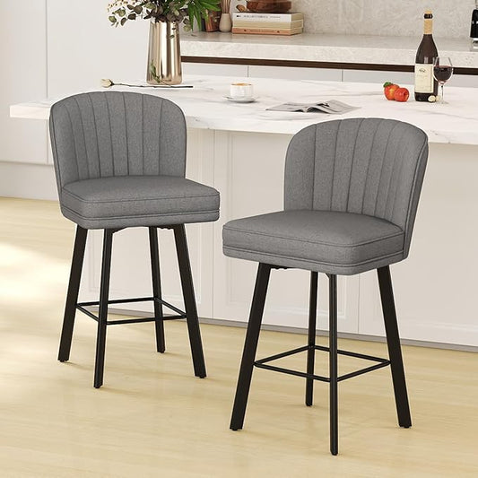 Swivel Counter Height Bar Stools Set of 2, 26'' Modern Barstools with Backs and Metal Legs, Upholstered Bar Chairs,Mid-Gray,Fabric Stools for Kitchen Island Chairs