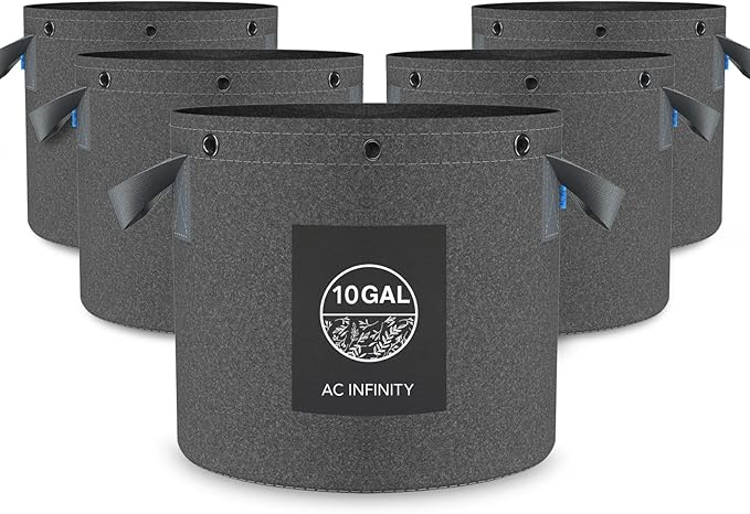 AC Infinity Heavy Duty Fabric Pots, 10 Gallon Aeration Reusable Grow Bags 5-Pack with 500G Thick Nonwoven Fabric and Multi-Purpose Rings, for Low Stress Plant Training Fruits, Vegetables, and Flowers