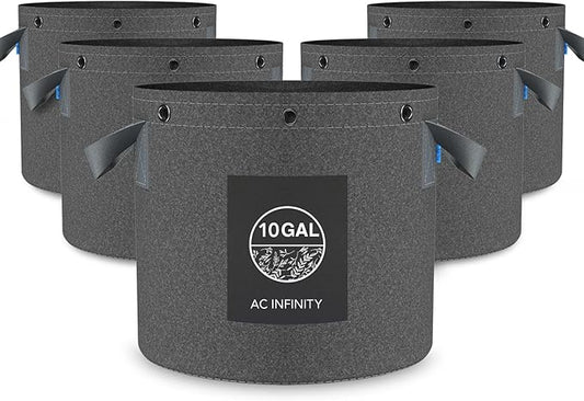 AC Infinity Heavy Duty Fabric Pots, 10 Gallon Aeration Reusable Grow Bags 5-Pack with 500G Thick Nonwoven Fabric and Multi-Purpose Rings, for Low Stress Plant Training Fruits, Vegetables, and Flowers