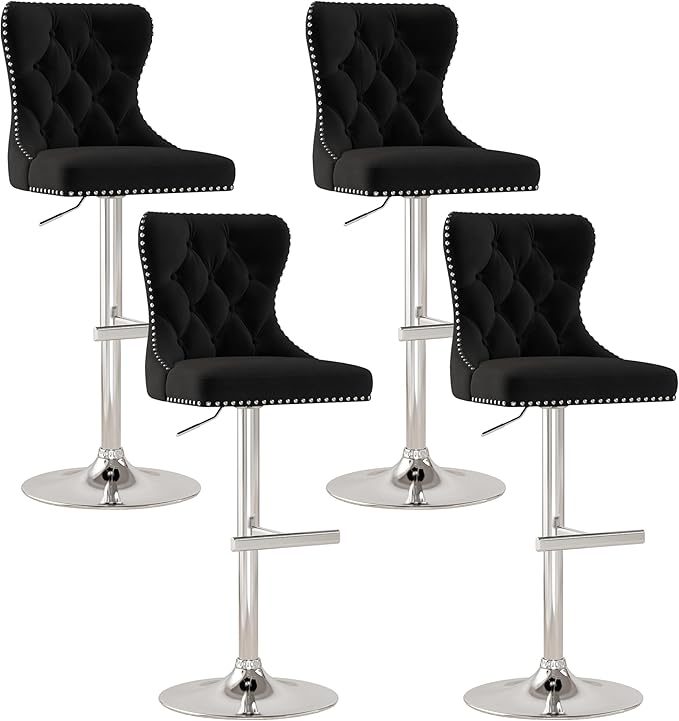 Bar Stools Set of 4, Velvet Swivel Counter Height Stools with Tufted Back, Adjustable Seat with Nailheads Trim, Upholstered Bar Chairs with Steel Base for Kitchen Island, Pub, Black