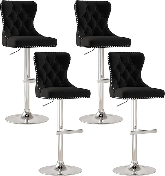 Bar Stools Set of 4, Velvet Swivel Counter Height Stools with Tufted Back, Adjustable Seat with Nailheads Trim, Upholstered Bar Chairs with Steel Base for Kitchen Island, Pub, Black