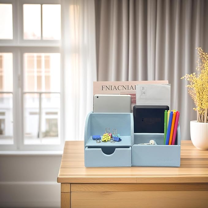 UnionBasic Desk Organizer - Multifunctional Leather Desktop Pen Holder Storage Box - Business Card/Pen/Pencil/Mobile Phone/Stationery Holder, Lychee Blue Revised