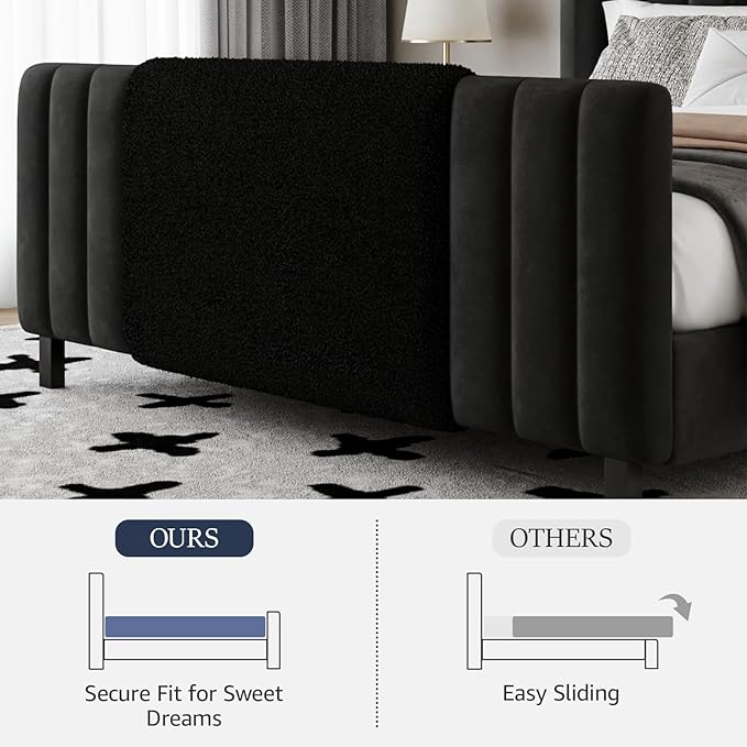 Queen Size Bed Frame with Tall Headboard and Footboard, Boucle and Velvet Upholstered Bed Frame Queen with LED Lights, Modern Platform Bed Frames, Noiseless, Easy Assembly, Black