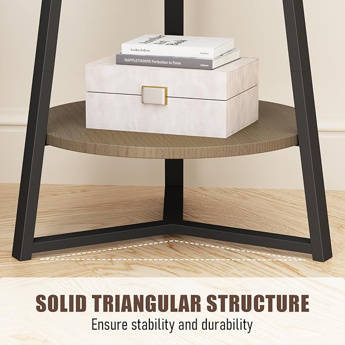 Gadroad Round End Table with Storage Shelf, 2 Tier Farmhouse Side Table Nightstand for Living Room, Bedroom, Wood Tabletop & Black Metal Frame, Walnut Color 15.7 * 15.7 * 23.0inches