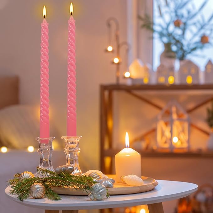 12-Pack Pink Spiral Taper Candles – 10 Inch Elegant Dripless & 10-Hour Burn – Long-Lasting Decorative Candles for Weddings, Birthdays, Parties, Church, Home Decor & Romantic Dinners