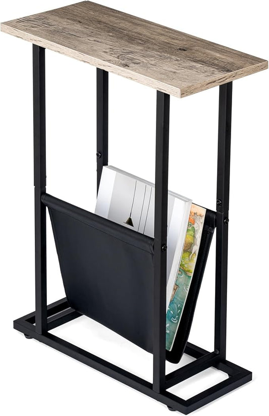 Narrow Side Table with PU Leather Magazine Holder Rustic Slim Little Thin Table for Living Room, Bedroom, Sofa, Grey