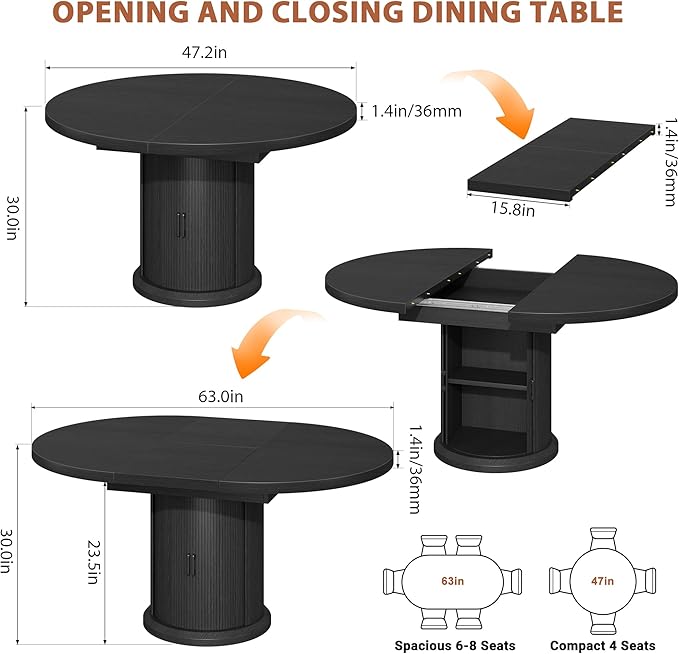 Extendable Round Kitchen Dining Room Table for 4-6 with 2-Tier Storage Shelf, 63'' Space Saving Expandable Wood Oval Circle Dinner Furniture with Pedestal Base(Black)