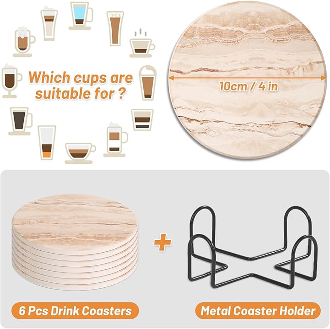 Acejoz Drink Coasters Set of 6, Absorbent Coaster for Coffee Table Decor, Marble Style Ceramic Coaster for Home Decor, 4 Inches