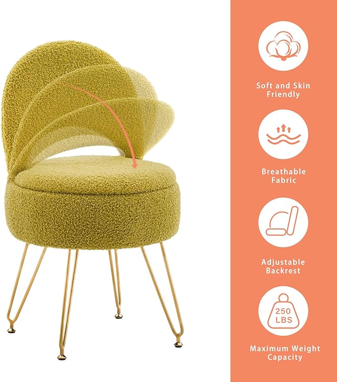 Storage Ottoman Vanity Stool Chair with Folding Back Teddy Velvet Makeup Chair Multifunctional Upholstered Footstool,4 Metal Legs with Anti-Slip Feet for Bedroom Living Room Entryway
