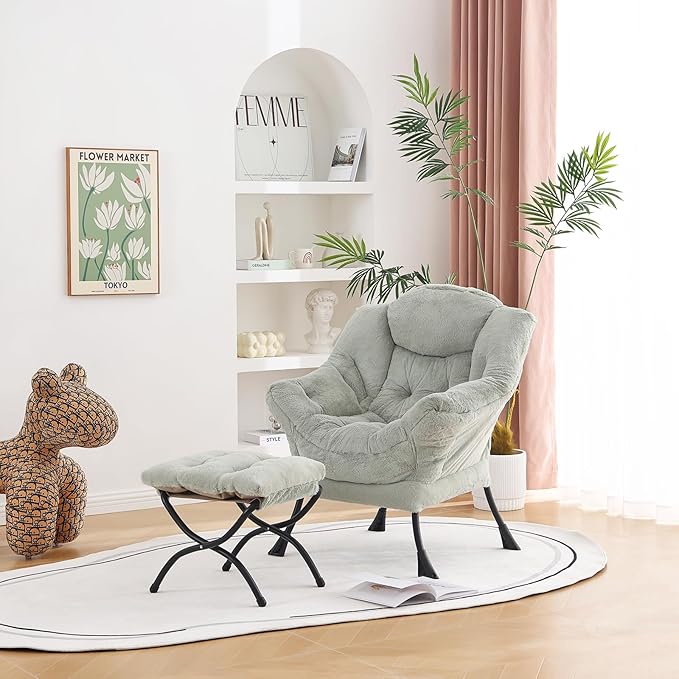 Welnow Lazy Chair with Ottoman, Modern Lounge Accent Chair with Armrests and a Side Pocket, Leisure Sofa Armchair, Reading Armchair with Footrest for Small Space, Plush Green