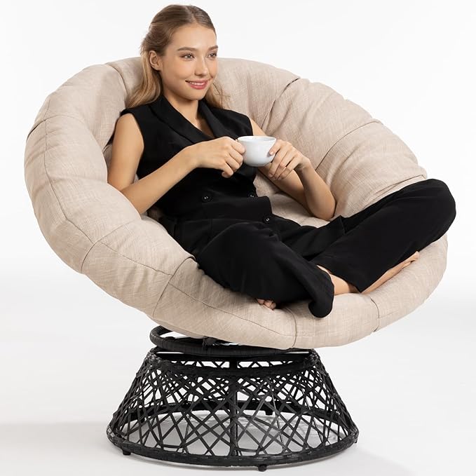 Bme 40" Ergonomic Wicker Papasan Chair with Soft Thick Cushion & Frame, 360° Swivel, Circle, Reading, Comfy Chair for Living Room, Bedroom